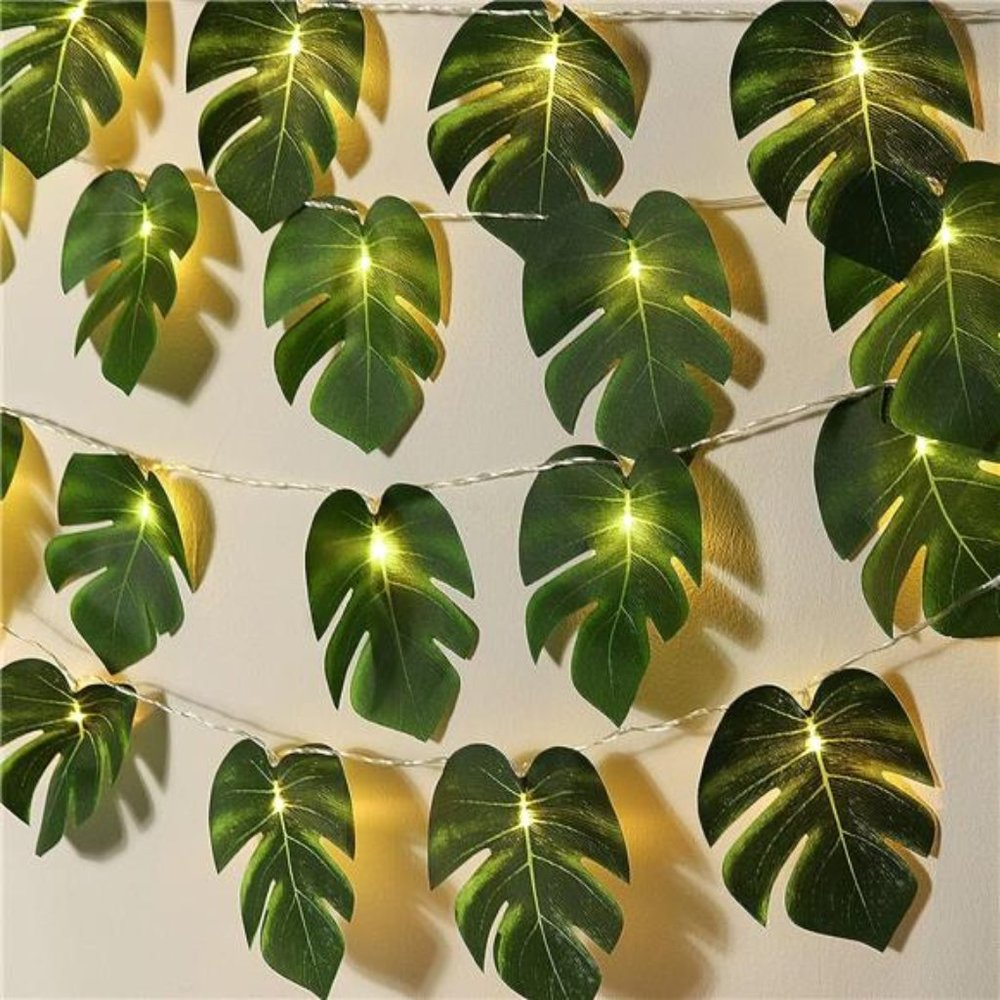 Monstera Leaf String Lights 2Pack 20 LED Tropical Artificial Rattan Palm Leaves